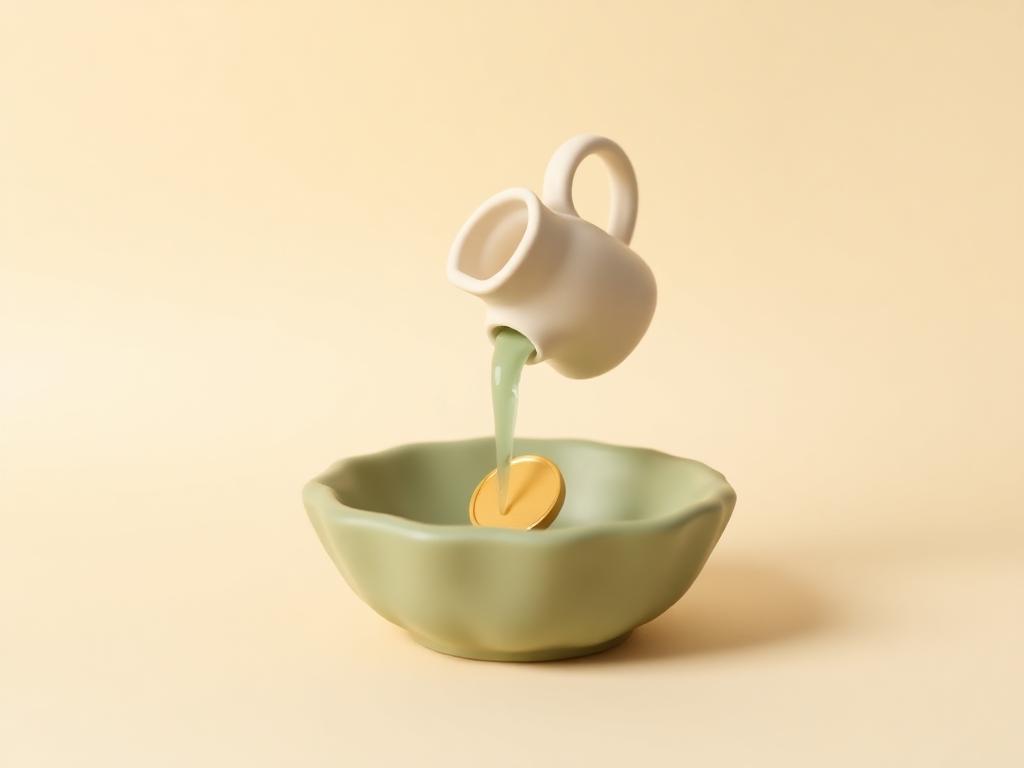 Cream clay water jug pouring into a sage clay basin with a gold clay coin on the rim
