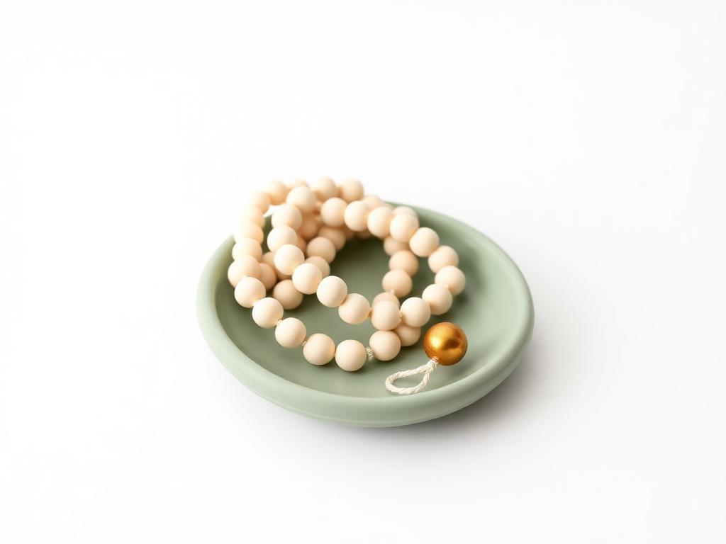 Cream clay prayer beads coiled in a sage clay dish with one gold clay bead