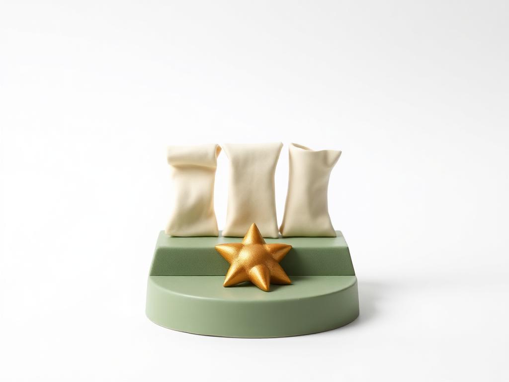 Three cream clay scrolls standing on a sage clay step with a gold clay star