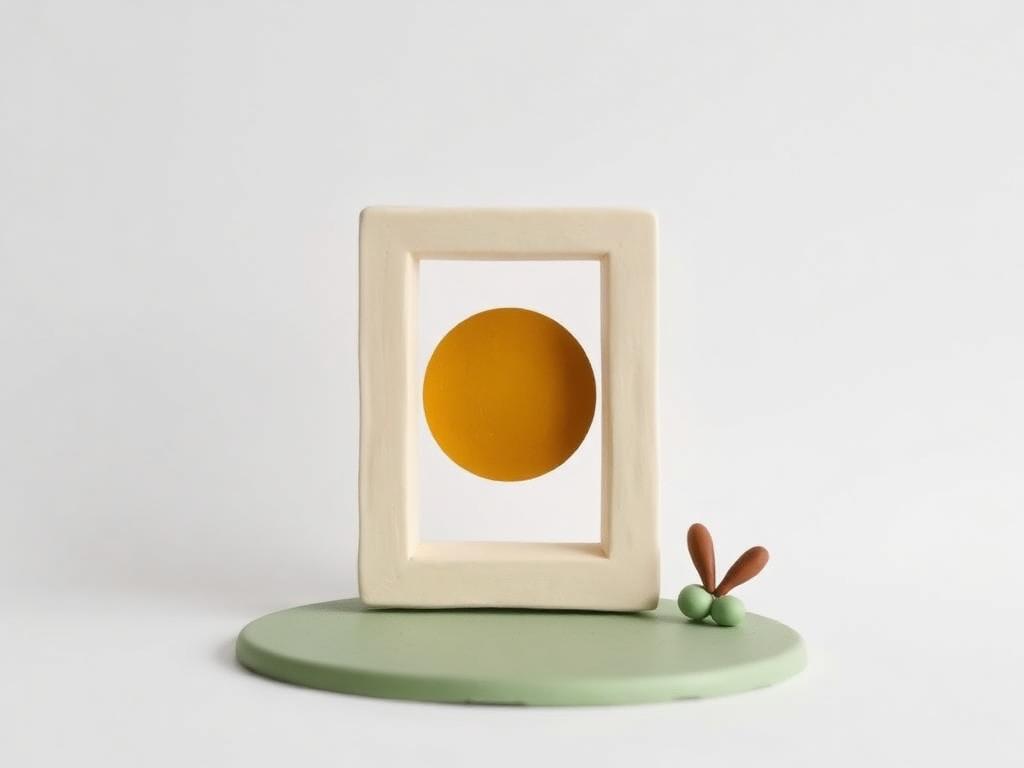 Gold clay sunrise disc behind a cream clay window frame on sage clay ground