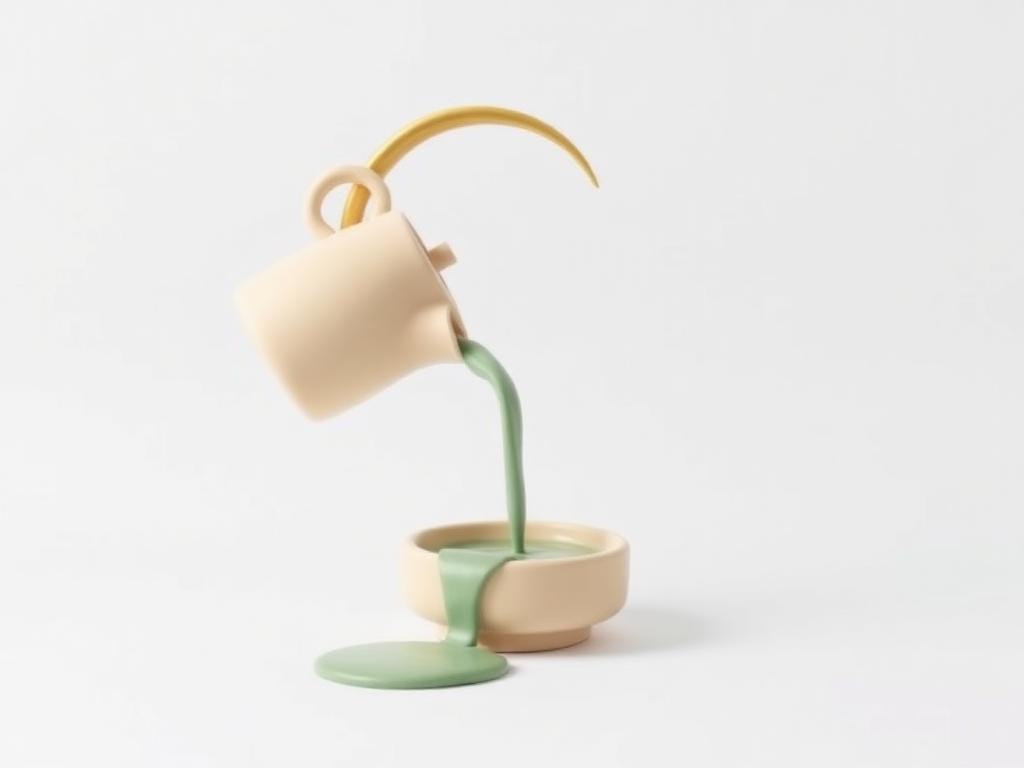 Cream clay jug pouring a sage clay ribbon of water into a bowl under a gold clay crescent