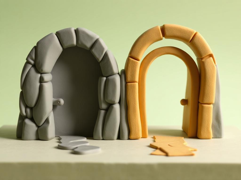 Two cream clay doorways side by side, one rocky and narrow, one smooth and open, on a sage clay base