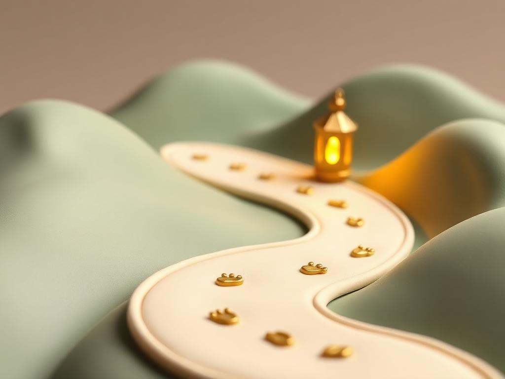 A winding sage clay path with gold clay footprints leading towards a small gold clay lamp
