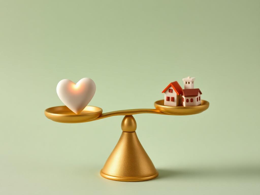 A gold clay balance scale with a cream clay heart outweighing tiny clay houses and toys