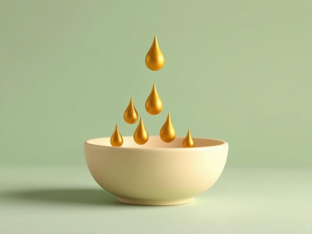 A single gold clay droplet multiplying into ten smaller gold droplets above a cream clay bowl