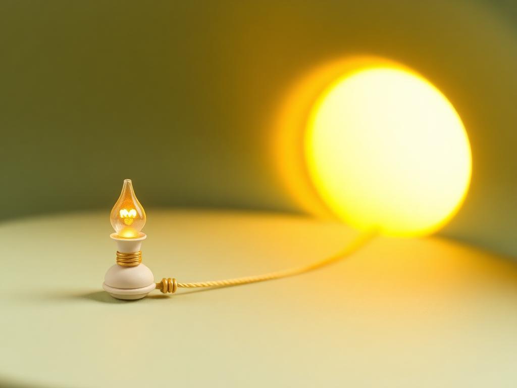 A cream clay lamp drawn along a gold clay thread towards a warm glow at the horizon on a sage base