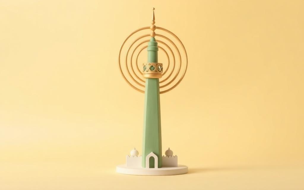A sage clay minaret with gold clay sound rings spreading outward over cream clay rooftops