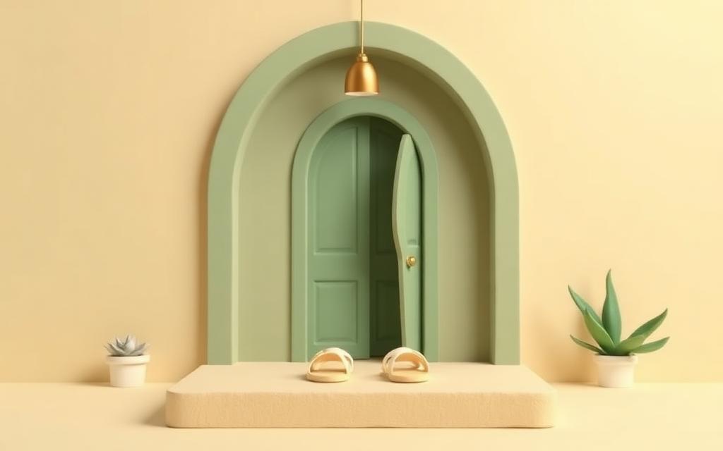 A sage clay masjid archway with a cream clay prayer mat rolled out beneath it