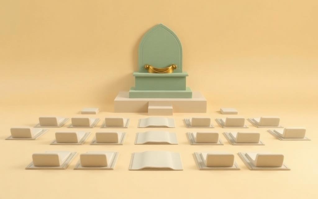 Rows of cream clay prayer mats laid in neat lines facing a sage clay pulpit with three steps