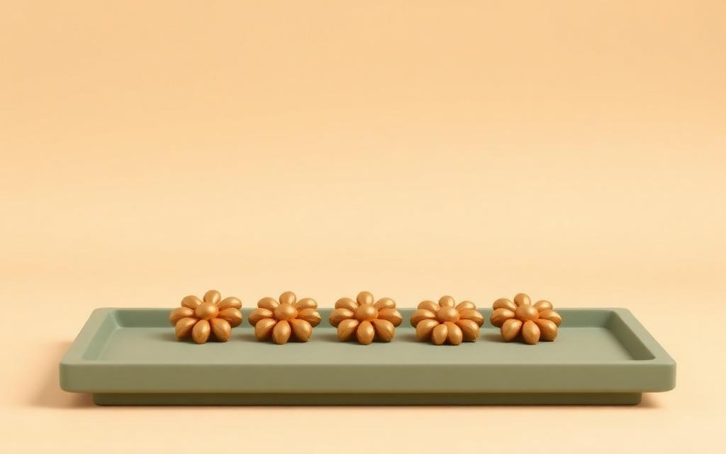 Five identical gold clay eight-petal rosettes arranged in a row on a sage clay tray