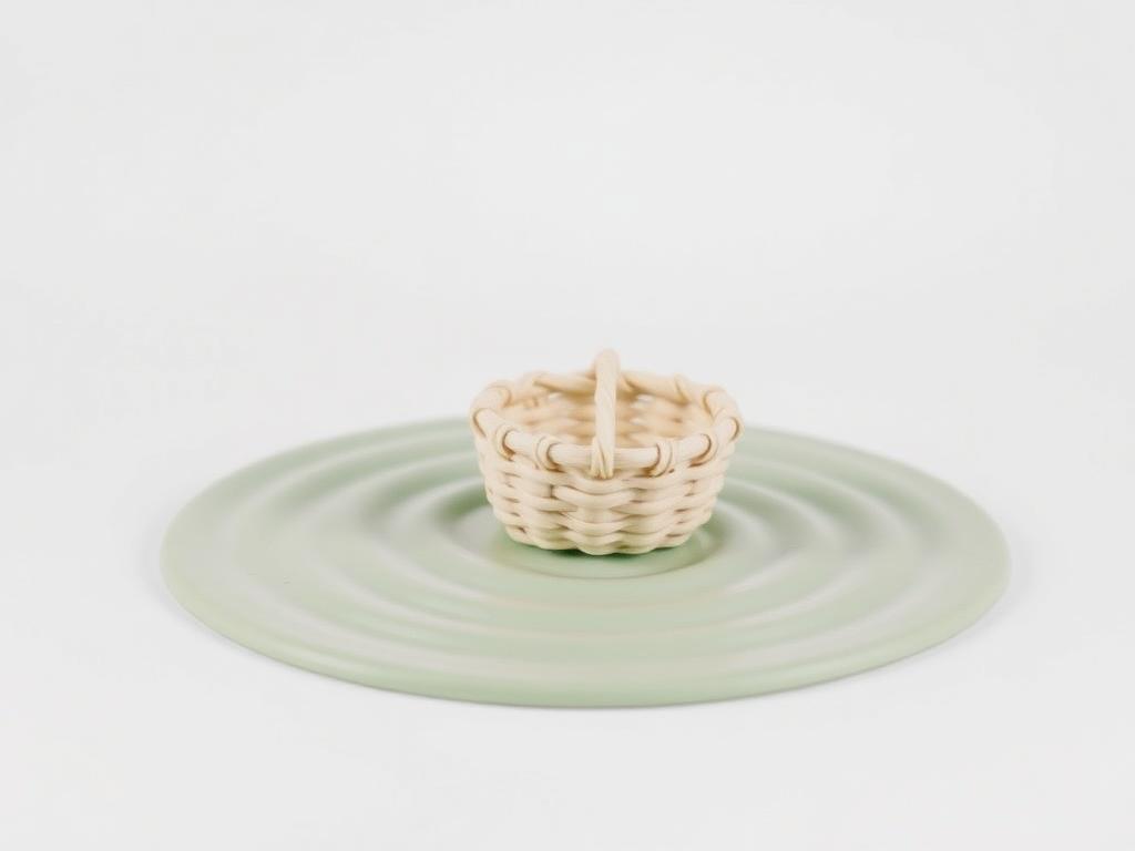 Small woven cream clay basket floating on gentle sage clay water ripples