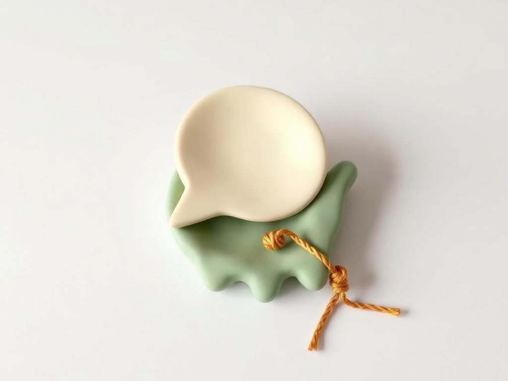 Cream clay speech bubble on a sage clay dish beside a small untied gold clay knot