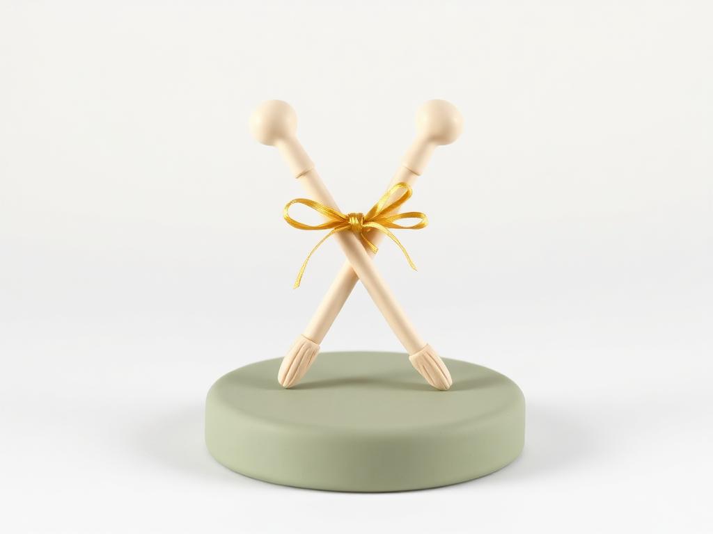 Two cream clay staffs crossed and tied with a gold clay ribbon on a sage clay disc