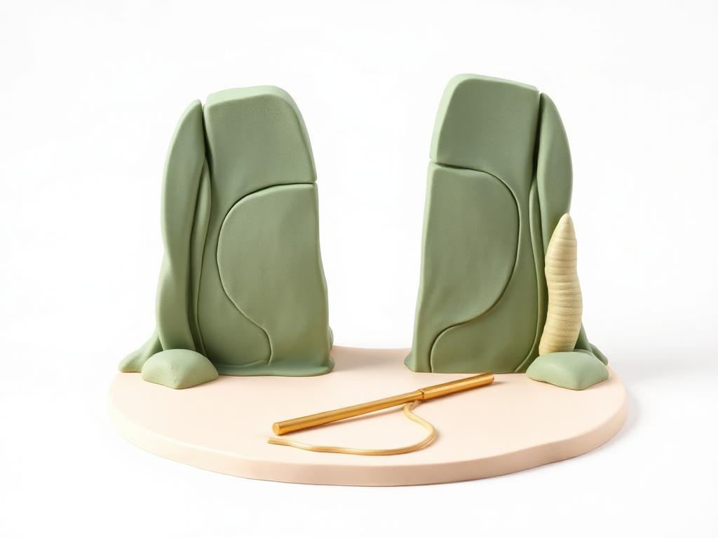 Two sage clay water walls with a dry cream clay path and a gold clay staff between them