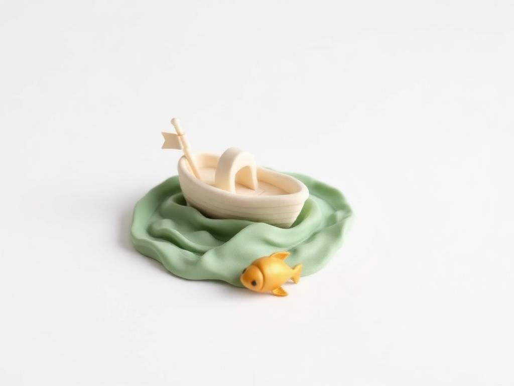 Small cream clay boat on sage clay waves with a gold clay fish beside it