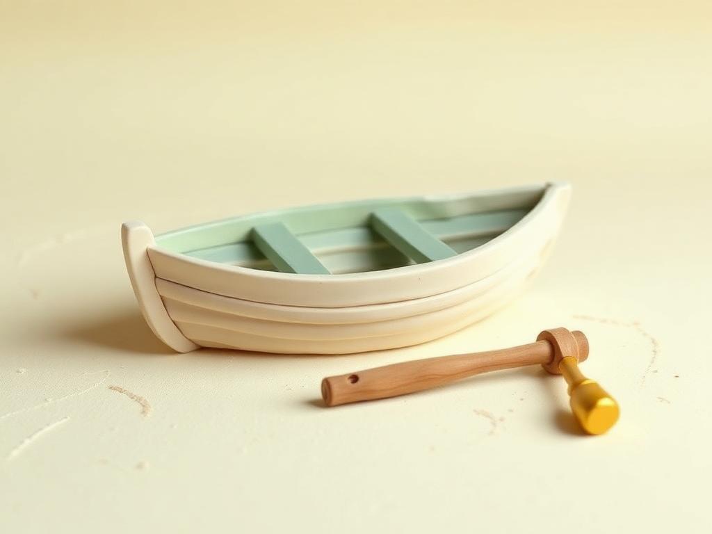 Small cream clay boat with sage clay planks and a gold clay hammer beside it