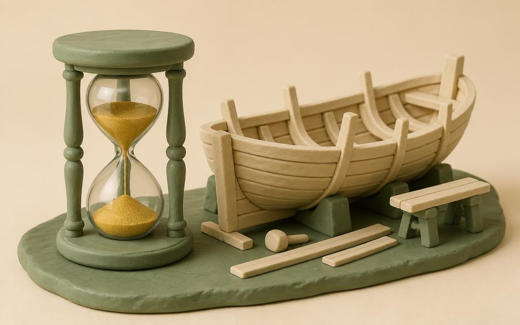 A sage clay hourglass with gold clay sand beside a cream clay boat frame being built