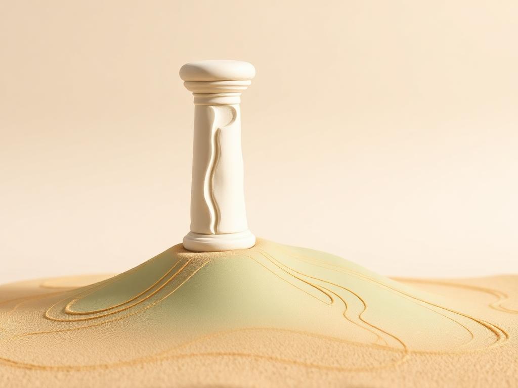 Cream clay stone pillar cracked in half on a sage clay dune with gold clay wind lines