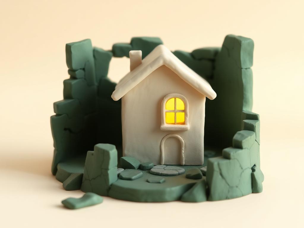 Single cream clay house with a lit gold clay window among dark sage clay ruins