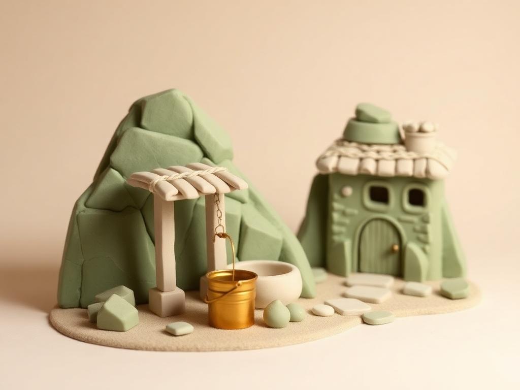 Cream clay well with a gold clay bucket beside sage clay rock houses