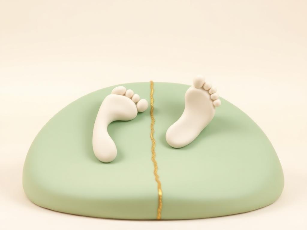 Two cream clay footprints on a sage clay slope, one turning away, marked by a gold clay line