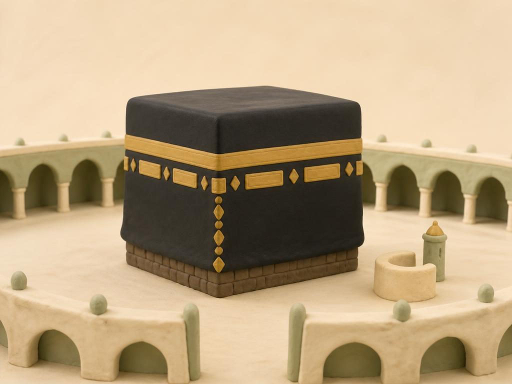 A clay model of the Kabah with concentric rings of tiny pilgrims around it