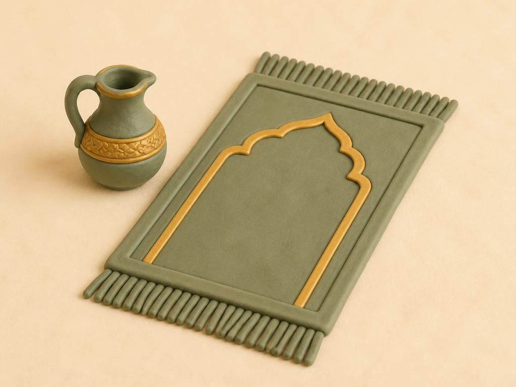 A rolled clay prayer mat beside five small gold sun-and-moon markers