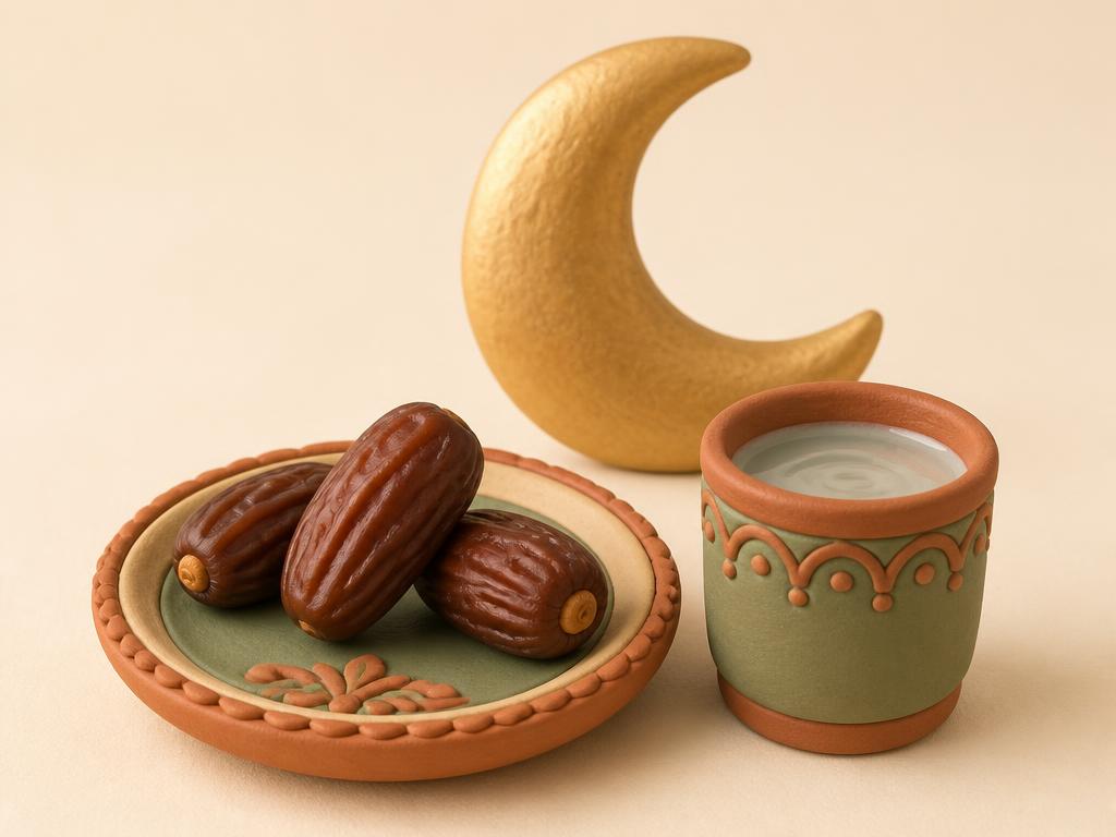 A clay crescent moon over a small table with dates and a glass of water