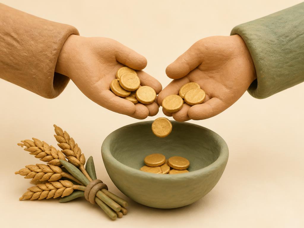 A clay hand dropping a gold coin into a small sage jar with a heart on it