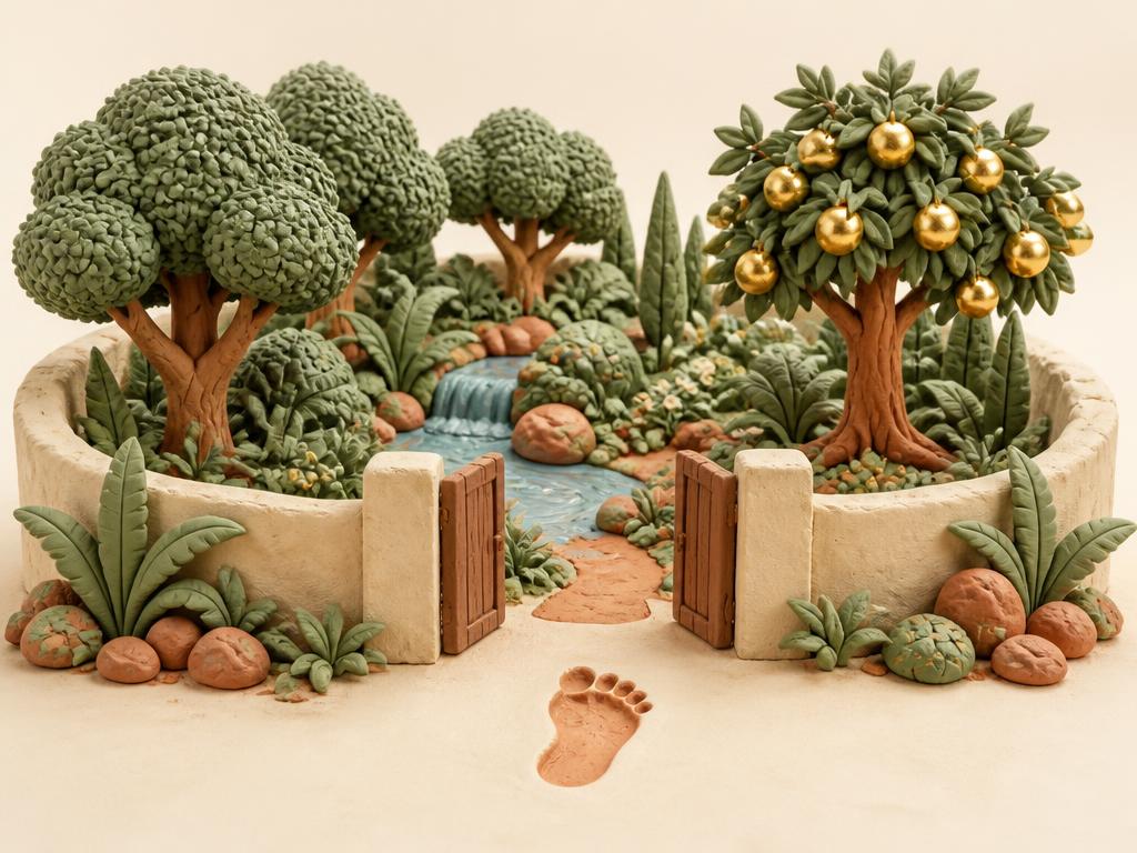 A clay garden of soft green leaves and gold fruit with two small clay figures of footprints