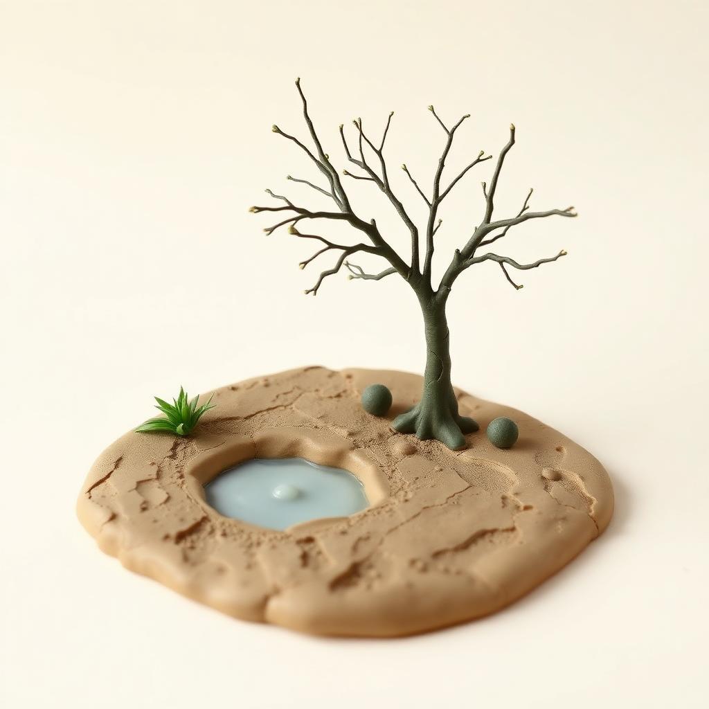 Cracked clay ground with a small spring bubbling up and a bare tree sprouting green leaves