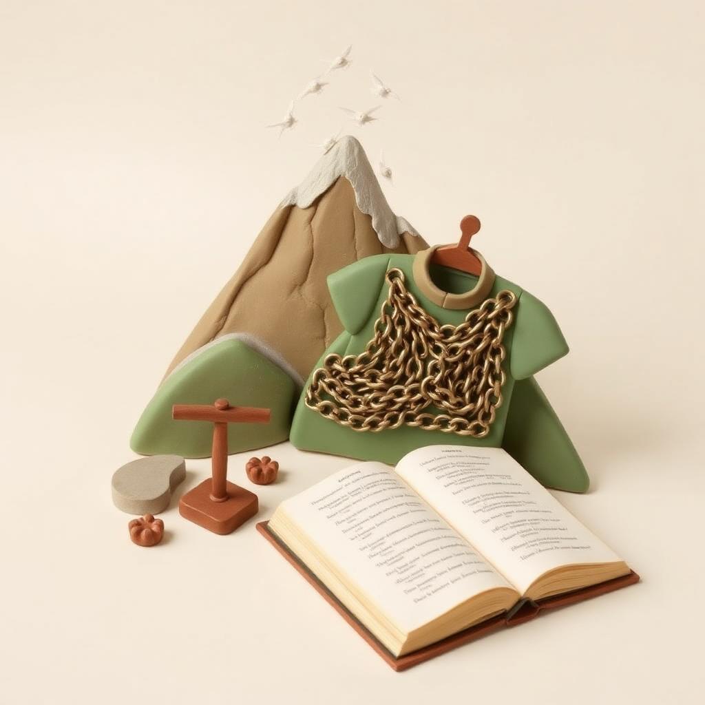 A clay mountain with small birds above, a chain-mail shirt on a stand and an open songbook