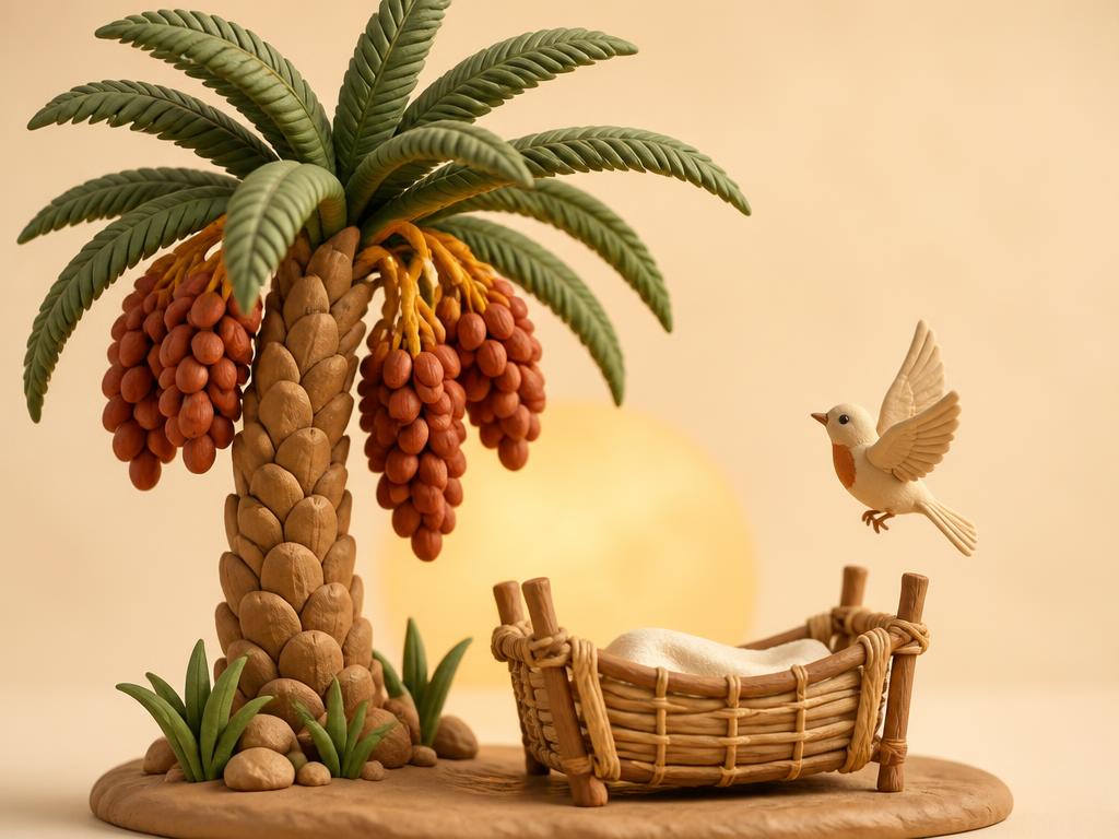 A clay date palm beside a small clay cradle and a clear spring of water