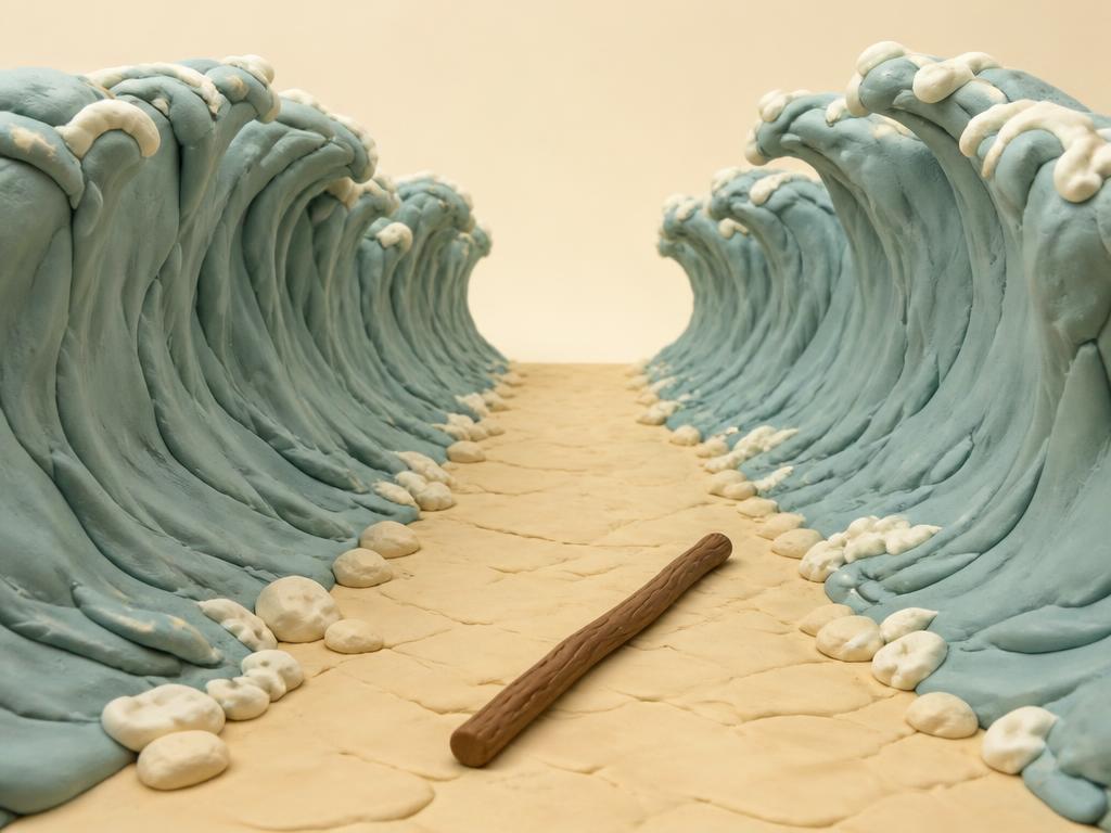 A clay wooden staff standing upright between two walls of parted blue clay water