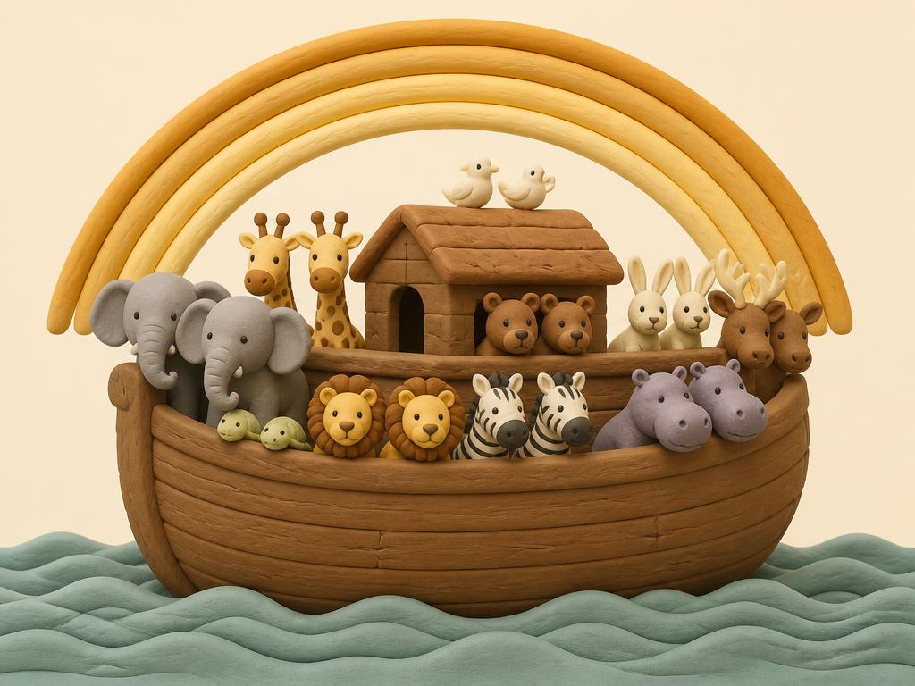 A clay wooden ark floating on soft blue-grey waves under a clearing sky