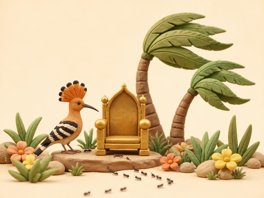 A clay throne beside a hoopoe bird and a line of tiny ants crossing a gold path