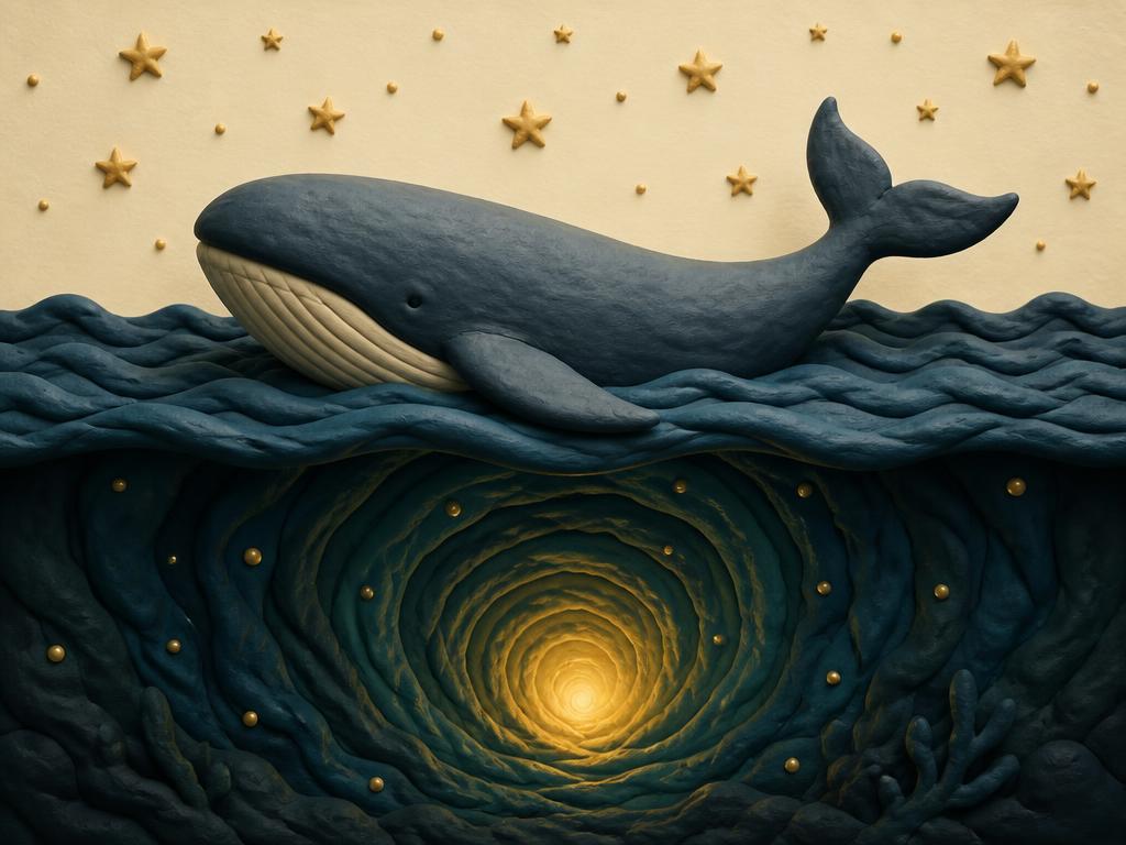 A large clay whale under moonlit waves with a soft glow inside it