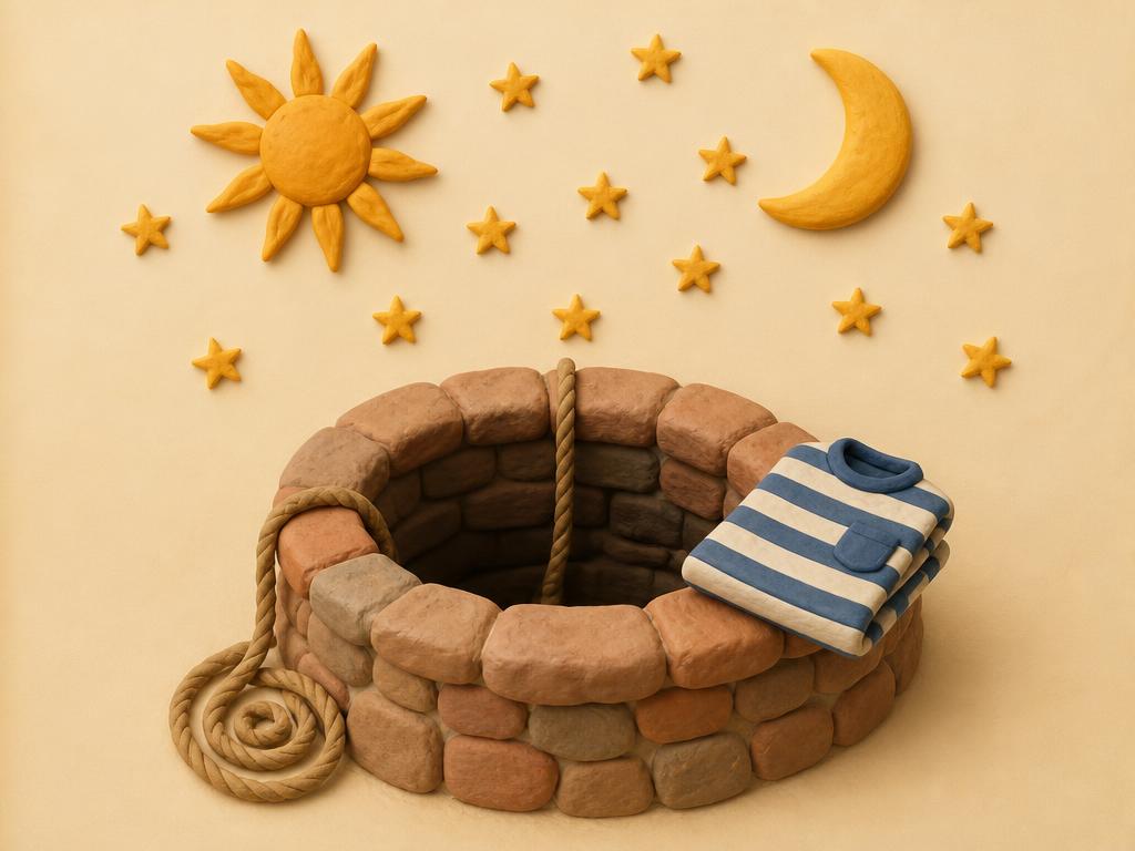 A clay stone well beside a striped coat folded on the sand, eleven small gold stars above
