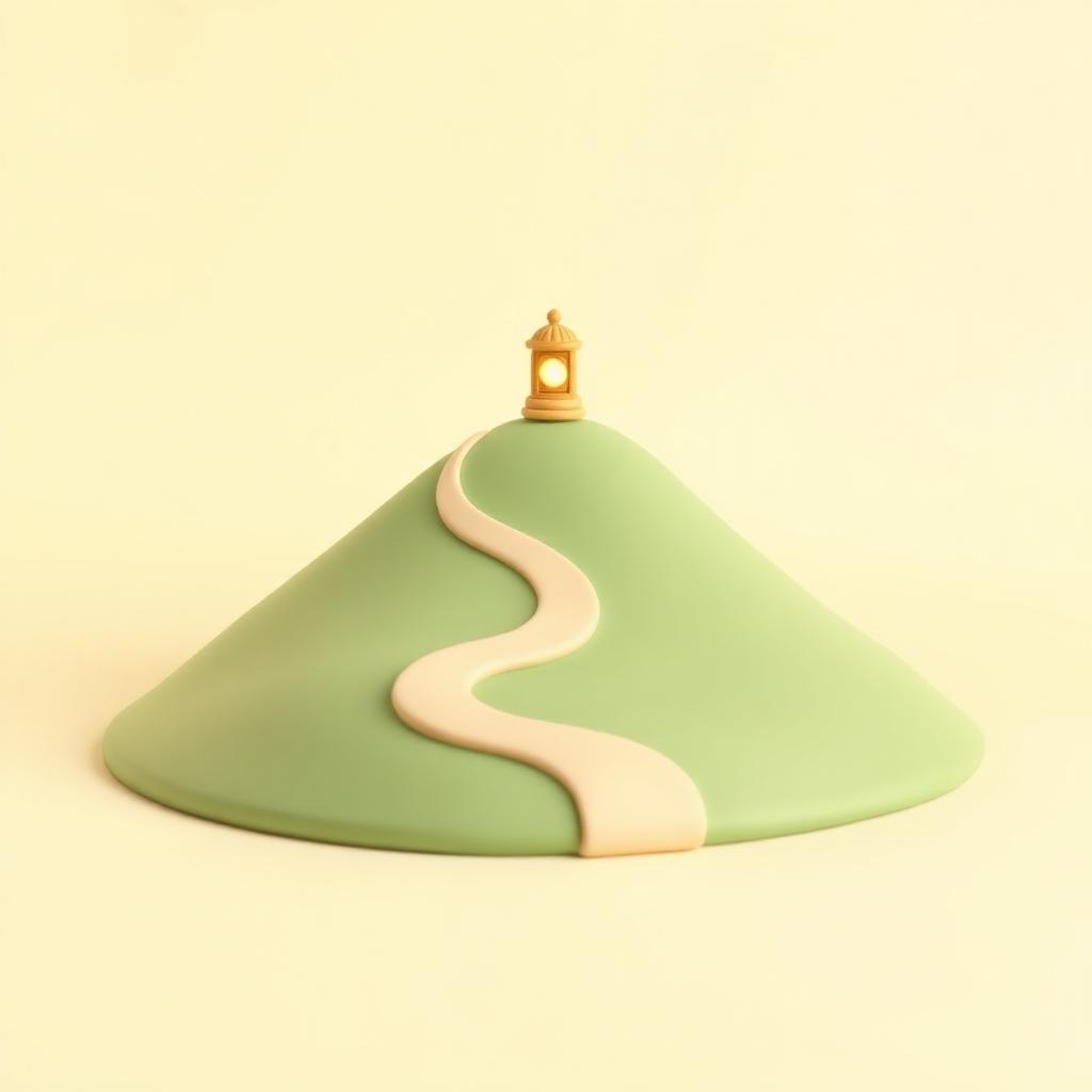Two cream clay paths curving up a sage clay hill to one small glowing gold clay lantern