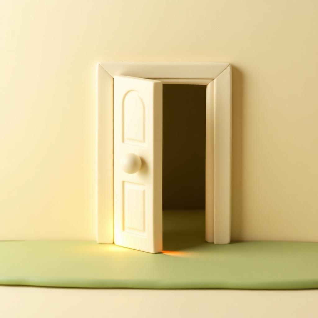 A cream clay door half closed with warm gold clay light spilling onto sage clay floor