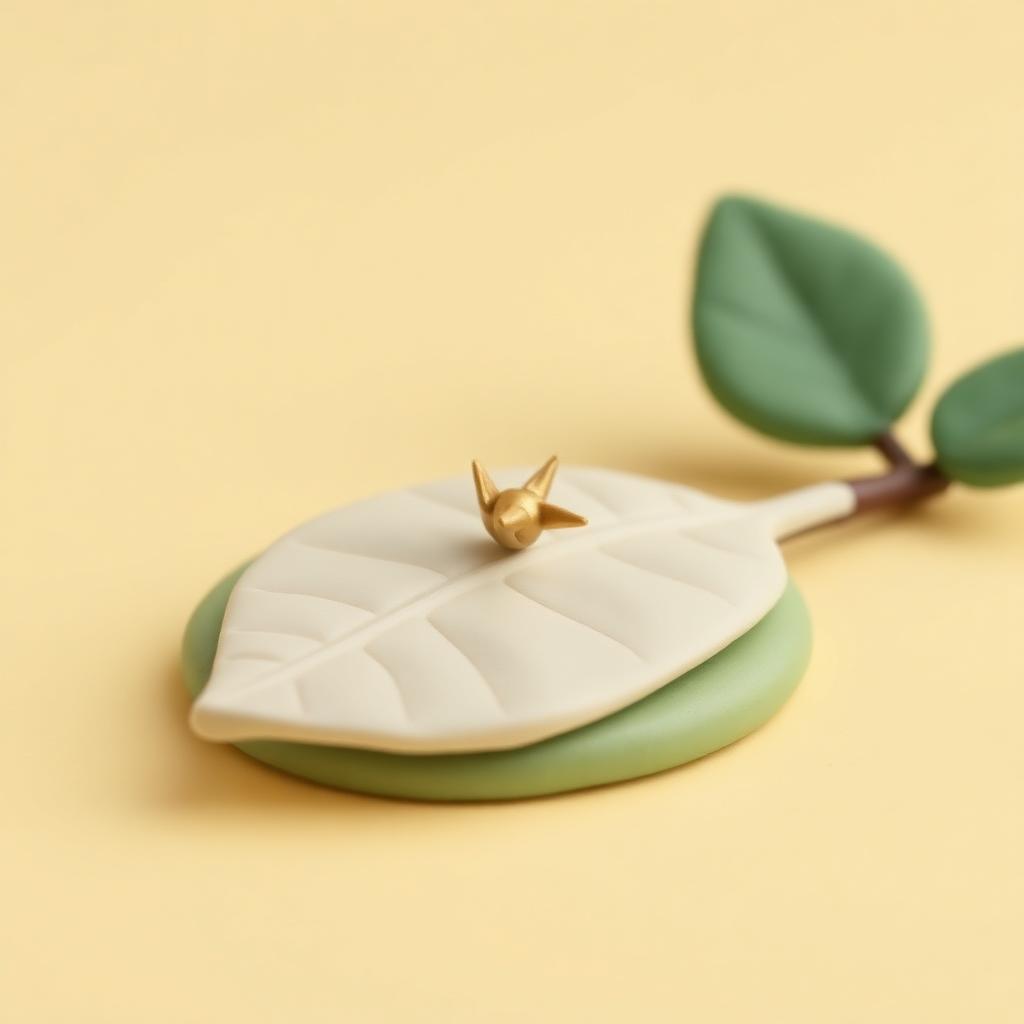 A single small gold clay thorn resting on a cream clay leaf over sage clay ground