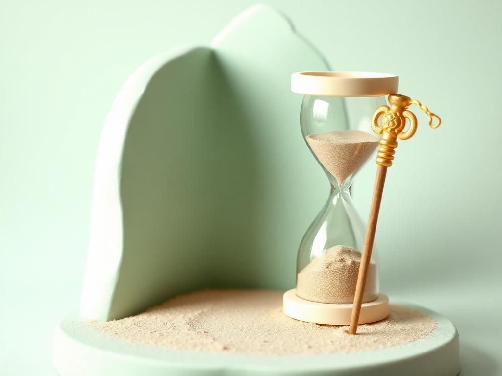 A cream clay hourglass with a traveller's clay staff leaning beside it on a sage clay base