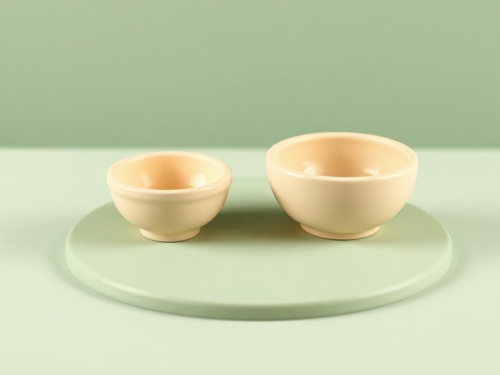 A small full cream clay bowl glowing gold beside a larger empty cream clay bowl on a sage clay table