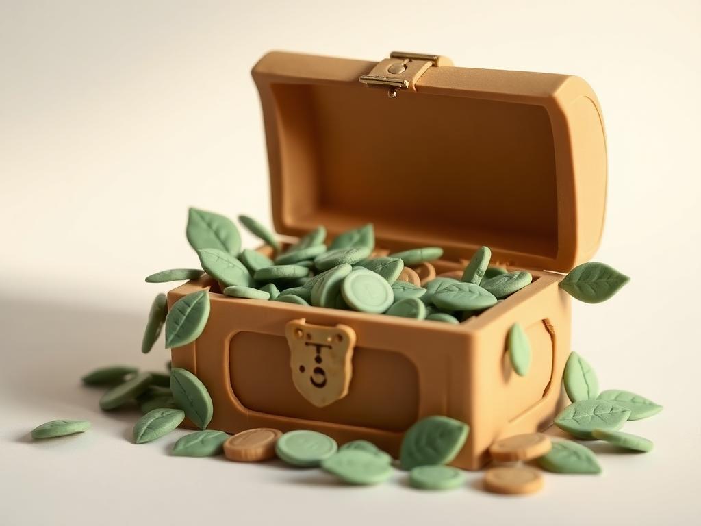 A cream clay chest spilling over with sage clay leaves instead of coins