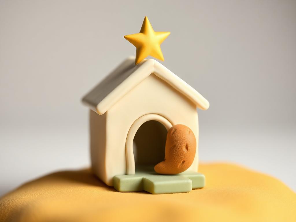 A small cream clay house with a clay loaf on its sage clay step and a gold clay star above