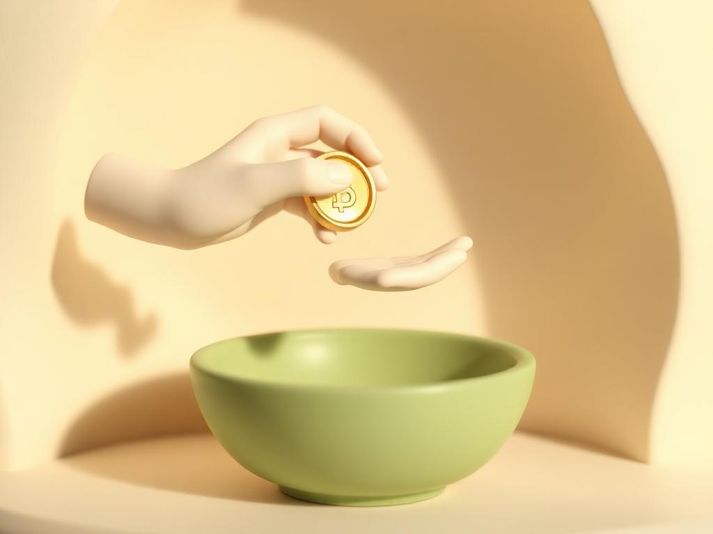A cream clay hand placing a gold clay coin into another open cream clay hand above a sage clay bowl