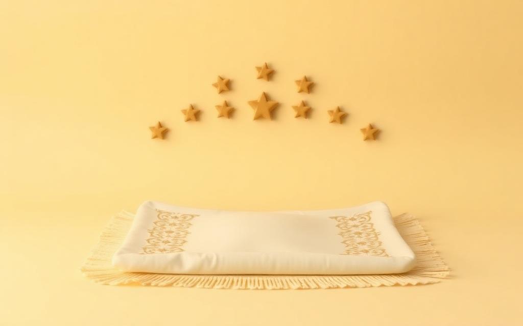 Seven small gold clay eight-point stars arched above a cream clay prayer mat
