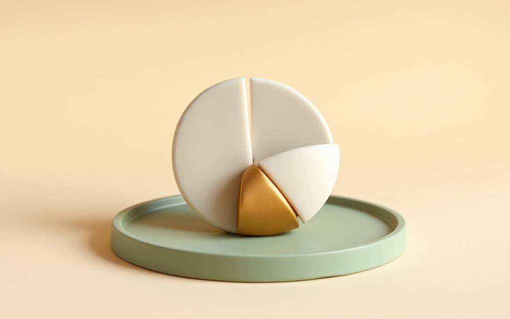 A cream clay circle in three equal wedges with one gold wedge lifted, on a sage clay tray