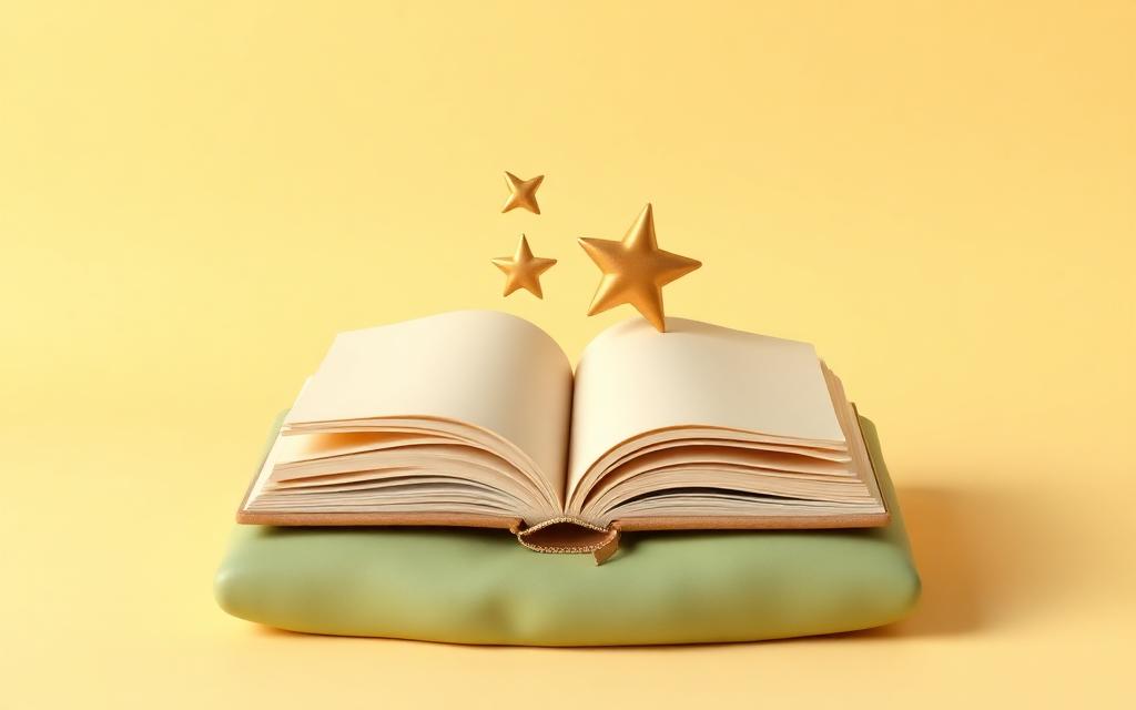 Two small gold clay stars rising above an open cream clay book on a sage clay cushion