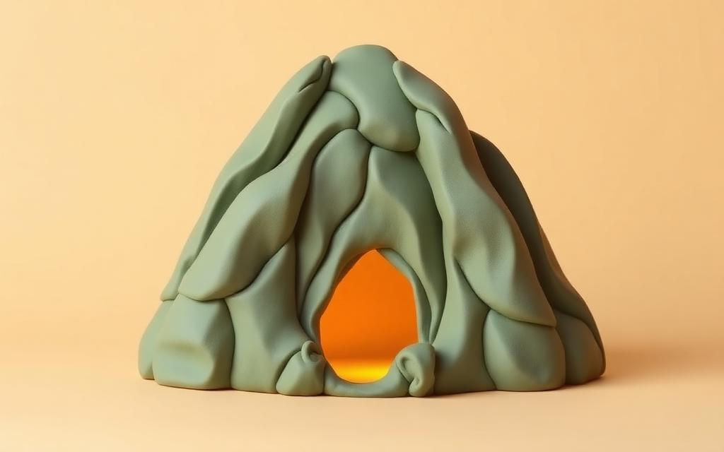 A sage clay mountain with a small cave opening glowing with warm gold clay light